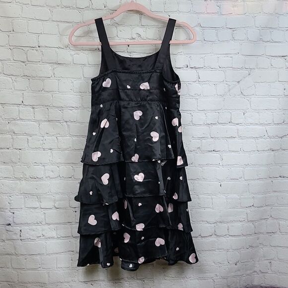 Justice Girls 14 Black Satin Sleeveless Fit & Flare Tier Ruffle Pink Heart Dress - Picture 9 of 11